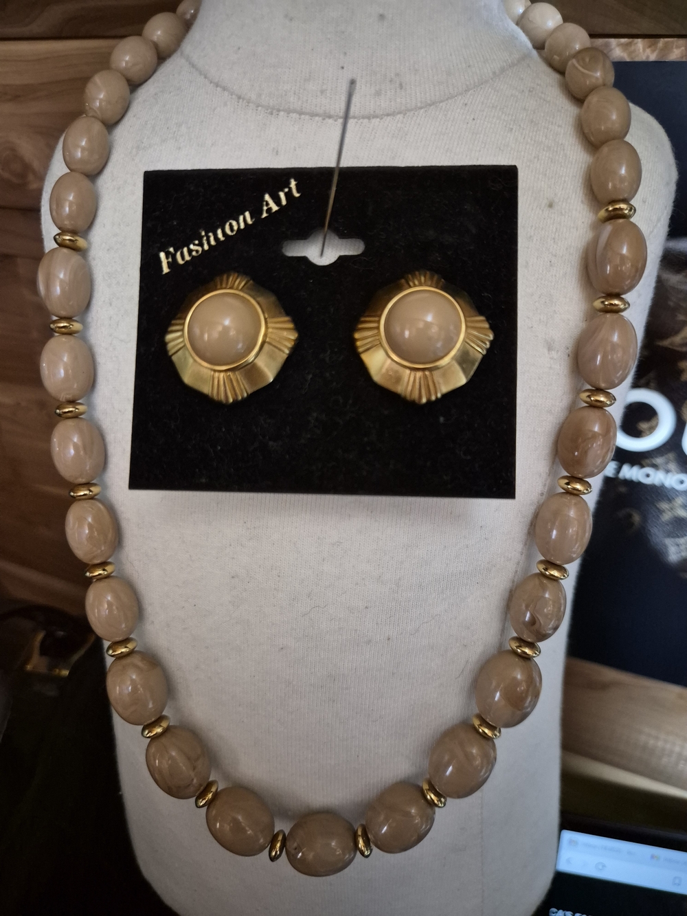 Napier Cappuchino Beige  Bead Necklace with Monet Earrings